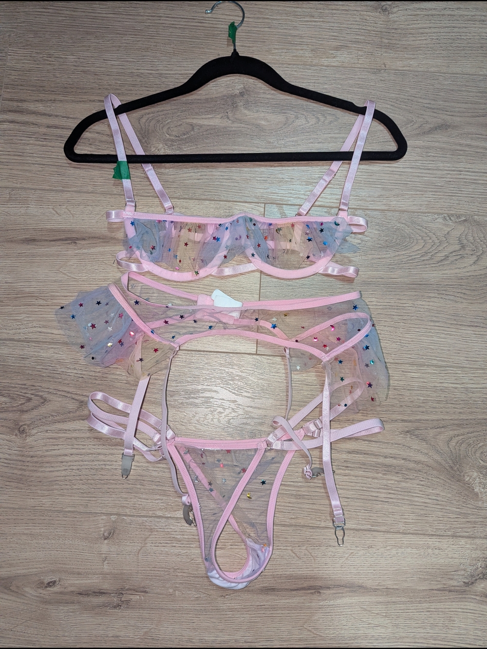 SHEIN Pink Star-Embellished Mesh Lingerie Set
